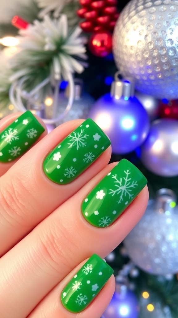 Close-up of green Christmas nails with white snowflake designs on a festive background.